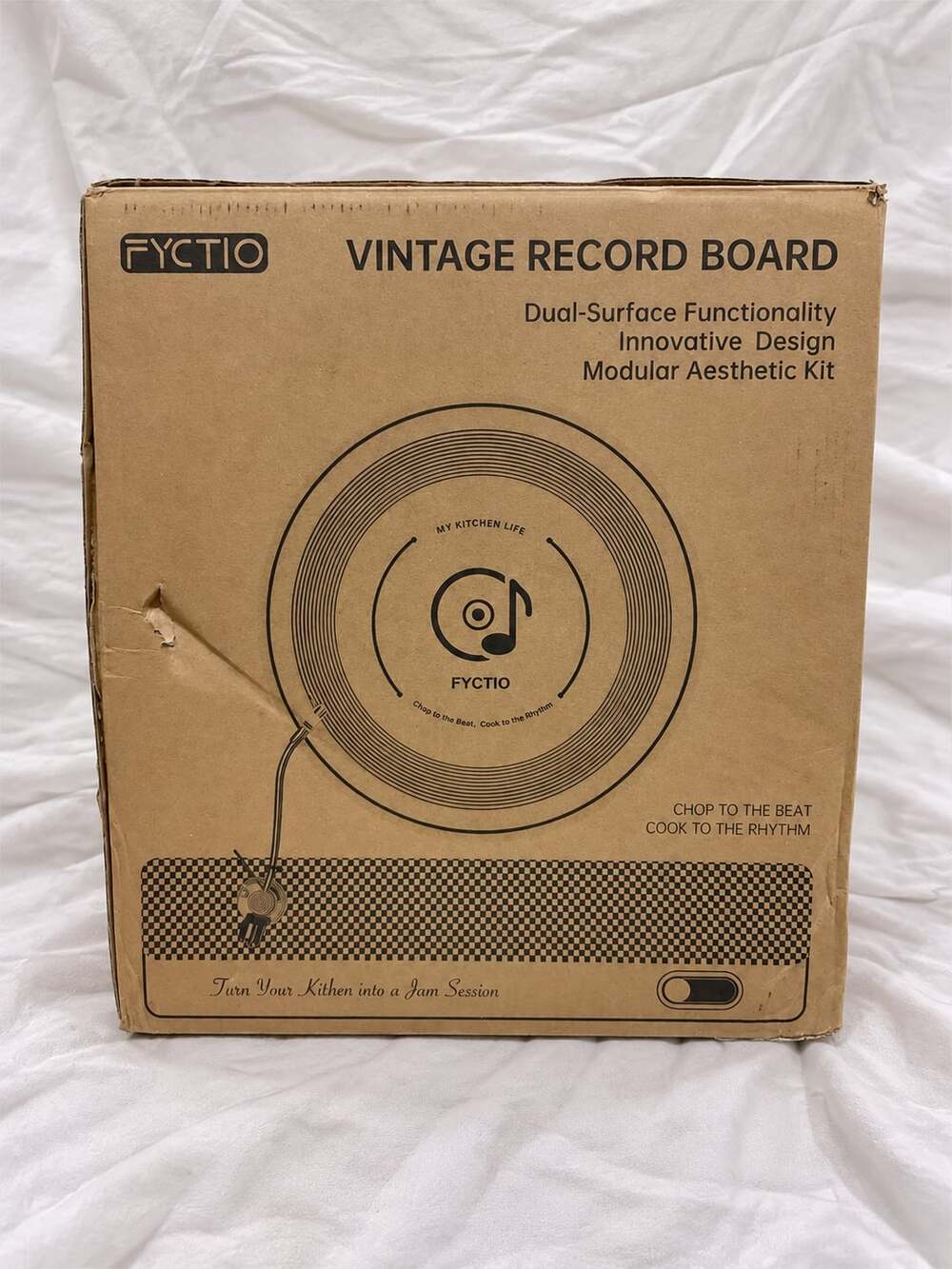 Vintage Record Cutting Board Set with Holder, Checkered Wood & Tempered Glass